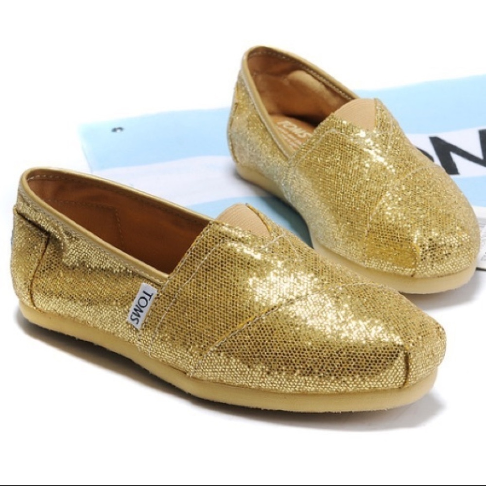 NWT Toms Yellow Gold Glitter Slip Ons Size 7.5